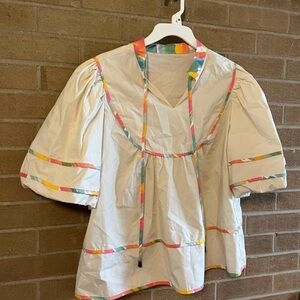 Light Cream Peasant Blouse with Multicolor Trim